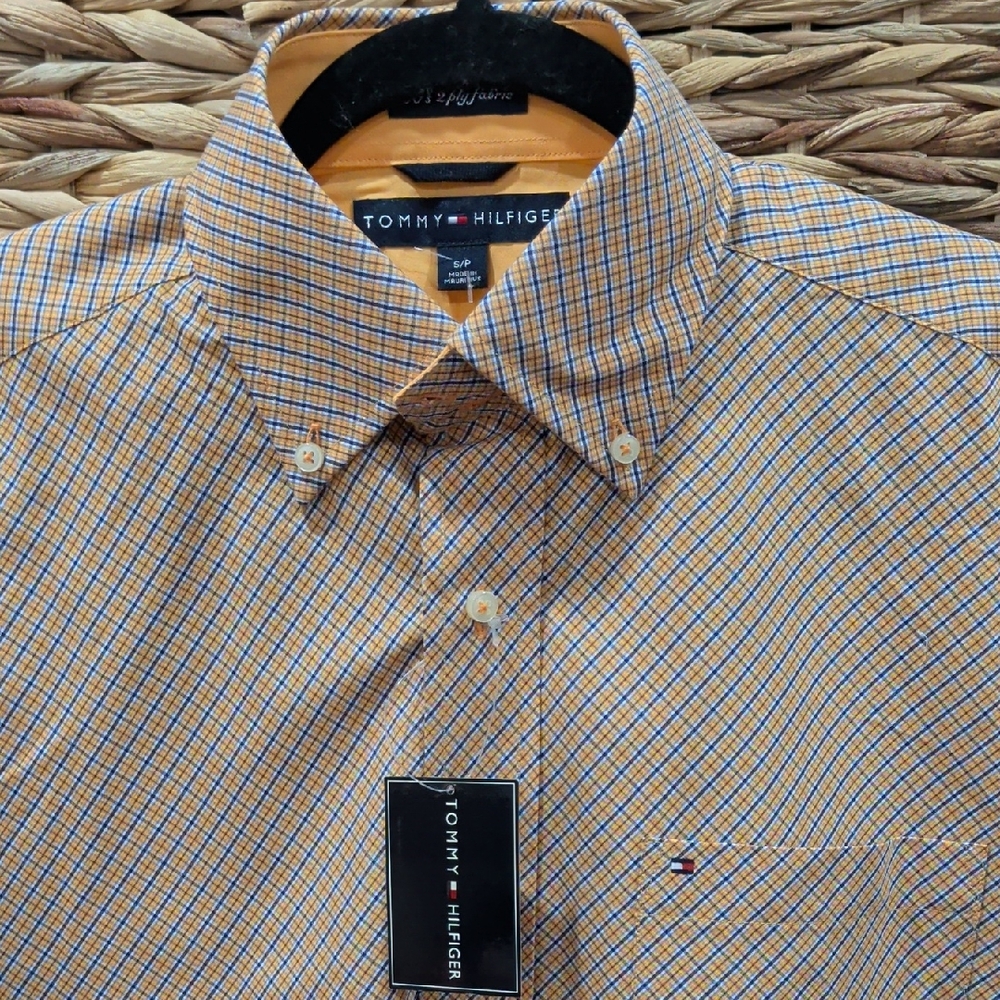NWT Tommy Hilfiger Navy Blue and Orange Button Down Oxford Dress Shirt Size S